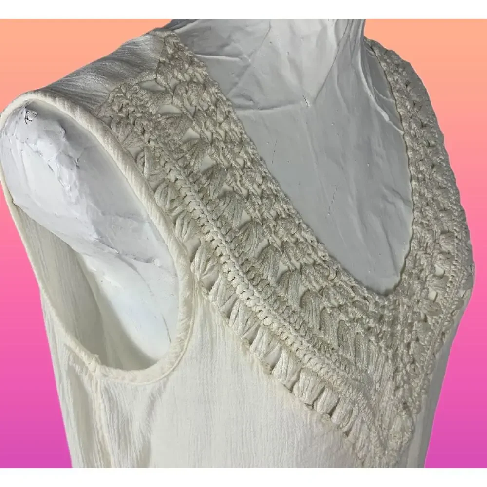 AE Cream Crochet Detail Boho Sleevless Tank Top Cover Up Sz Medium - Picture 3 of 7